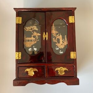 Vintage WOODEN JEWELRY Box: Armoire Shaped, Two Glass Doors with Cork Diorama